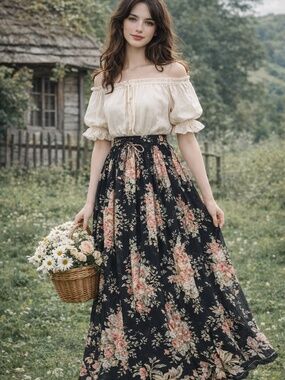 Emblem maxi skirt women S black/pink floral full cotton cottage core renaissance